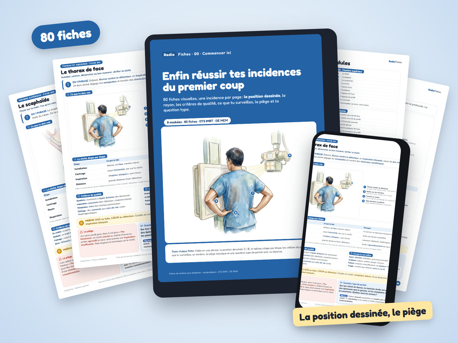 RadioFiches : la couverture sur une tablette, une fiche sur un téléphone et plusieurs fiches autour